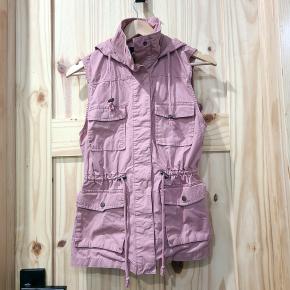 Love Tree Tops - Love Tree Sleeveless Cargo Hooded Top Utility Safari Peplum Vest Muave Size S